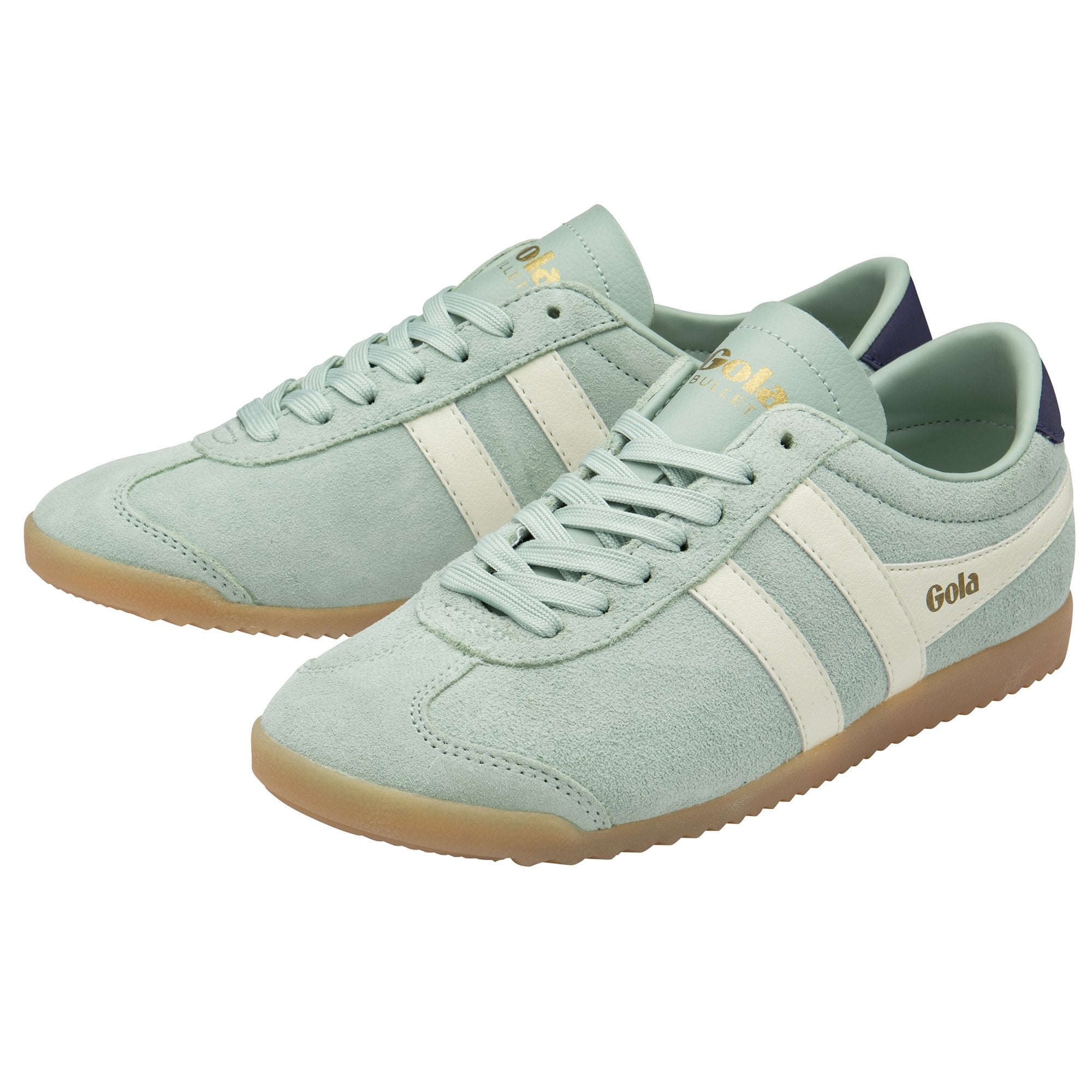 Pair of Gola men's trainers, green with white stripes and a brown sole, on a white background.