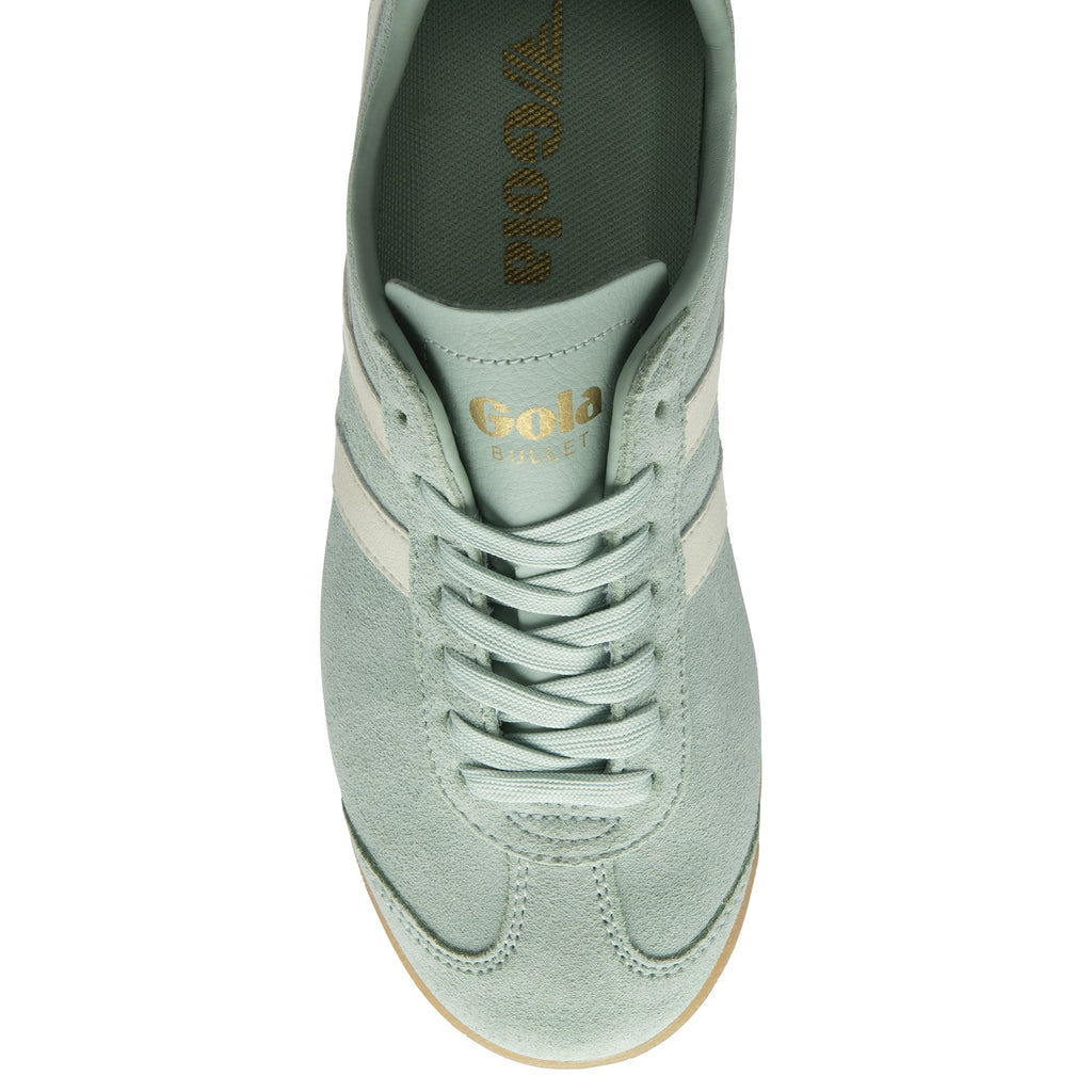 Top-down view of a green Gola men's trainer, showcasing the laces and gold logo.