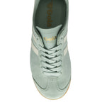Top-down view of a green Gola men's trainer, showcasing the laces and gold logo.