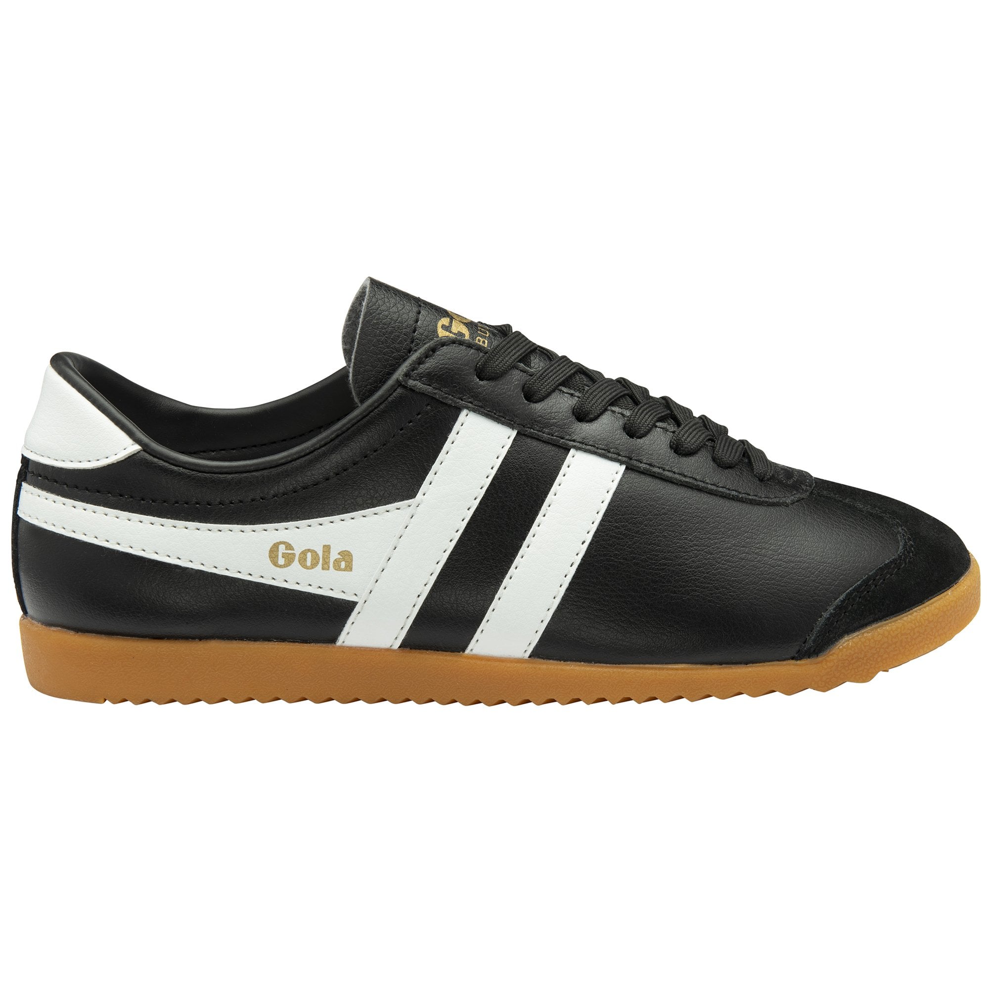 A single black Gola Bullet sneaker with white stripes and a gum sole, viewed from the side.