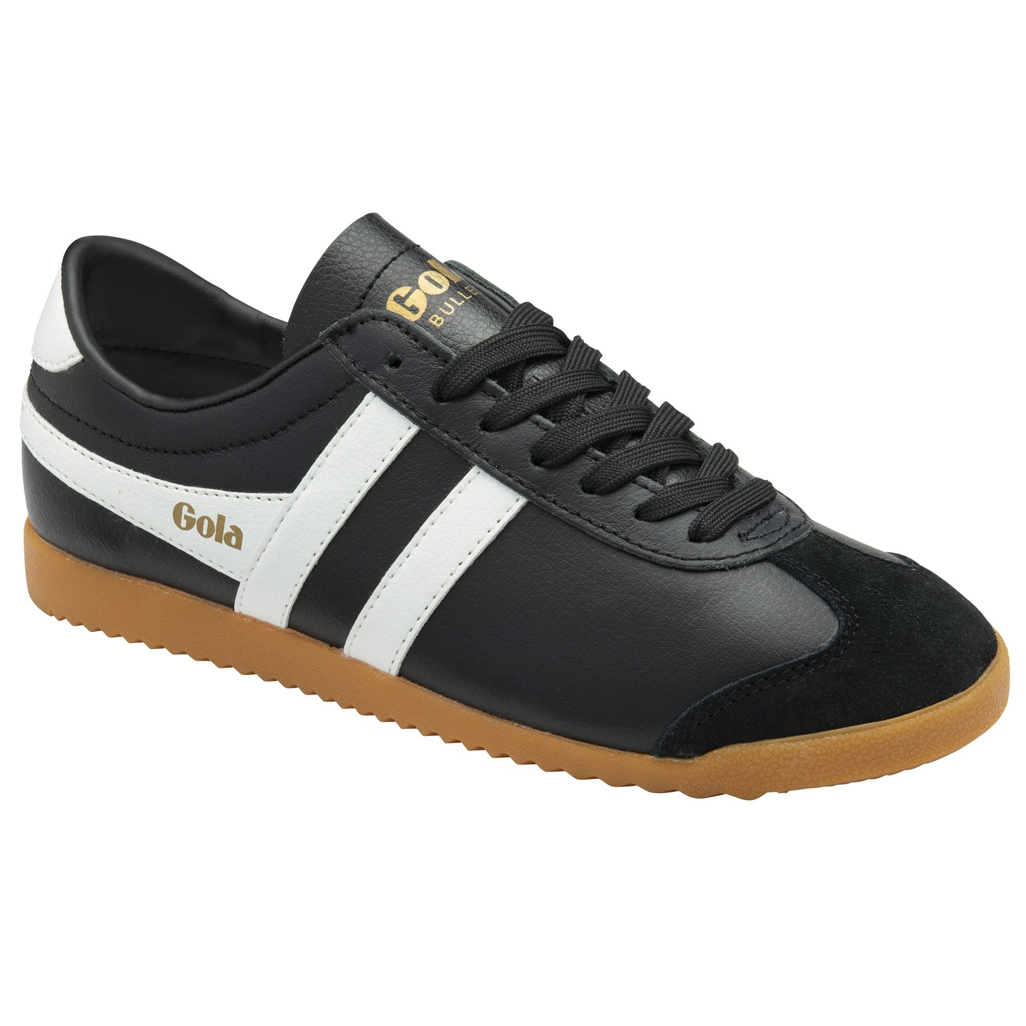 A single black Gola Bullet sneaker with white stripes, a gum sole, and a black suede toe.