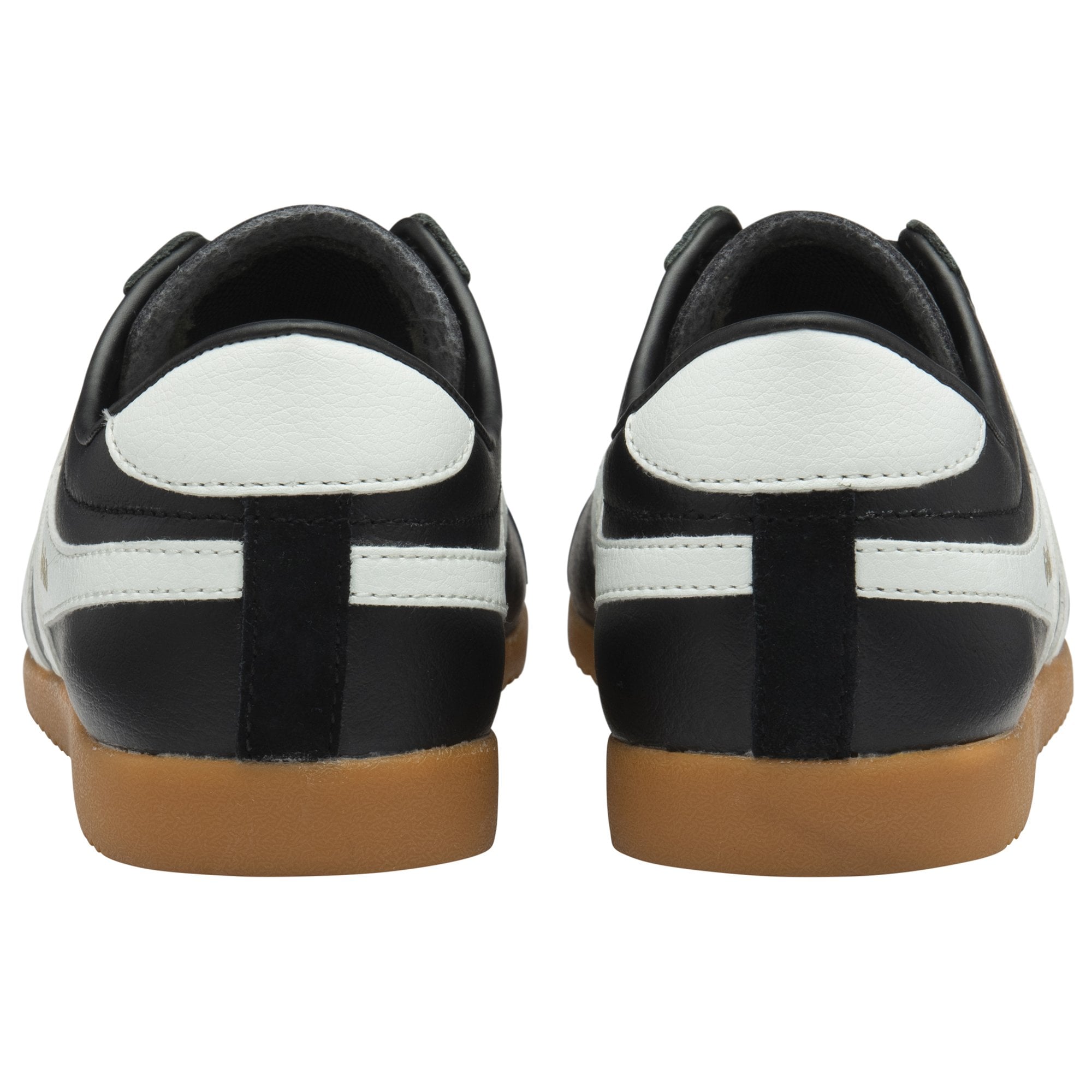 The rear view of two black Gola Bullet sneakers with white heel accents and gum soles.