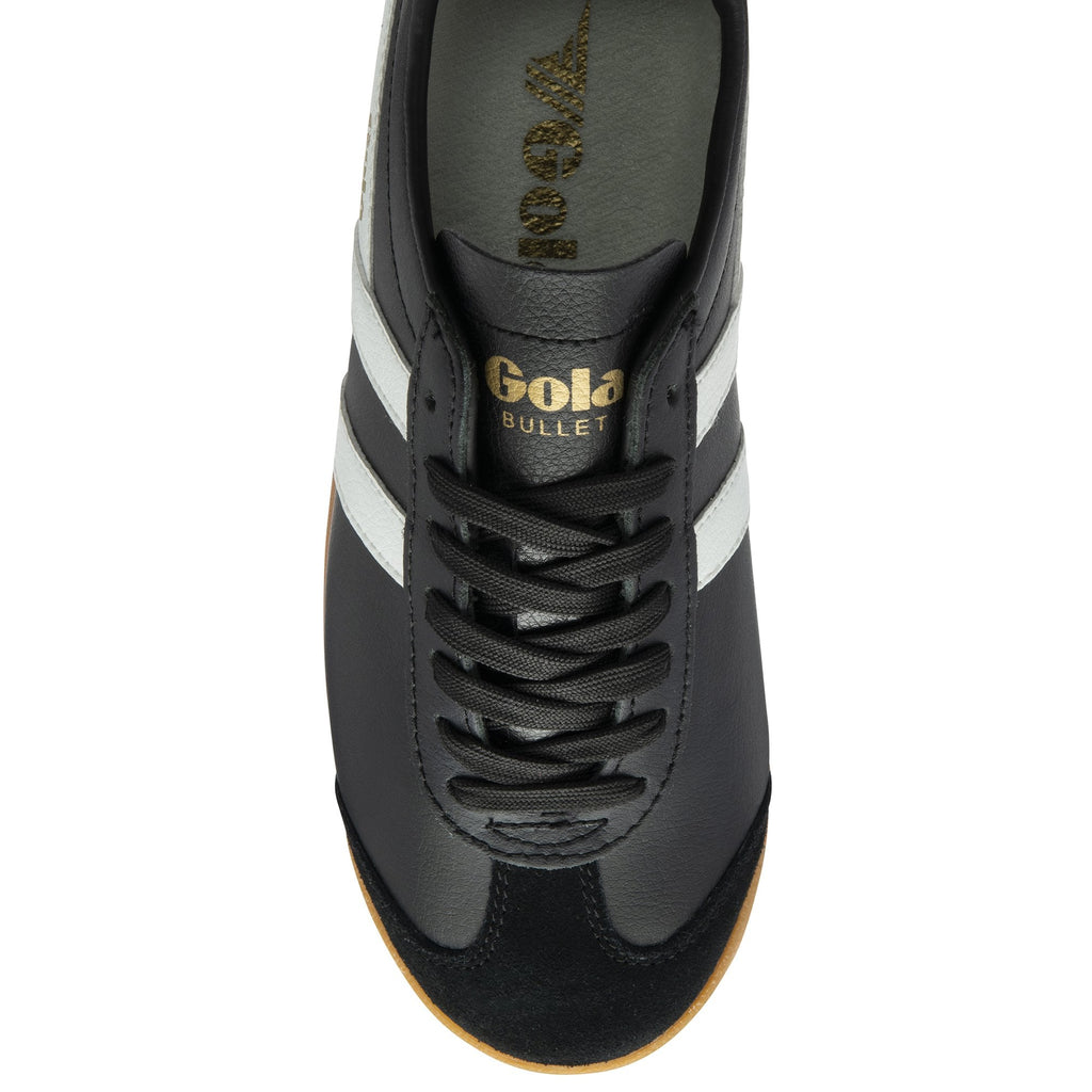 A top-down view of a black Gola Bullet sneaker with white stripes and black laces.