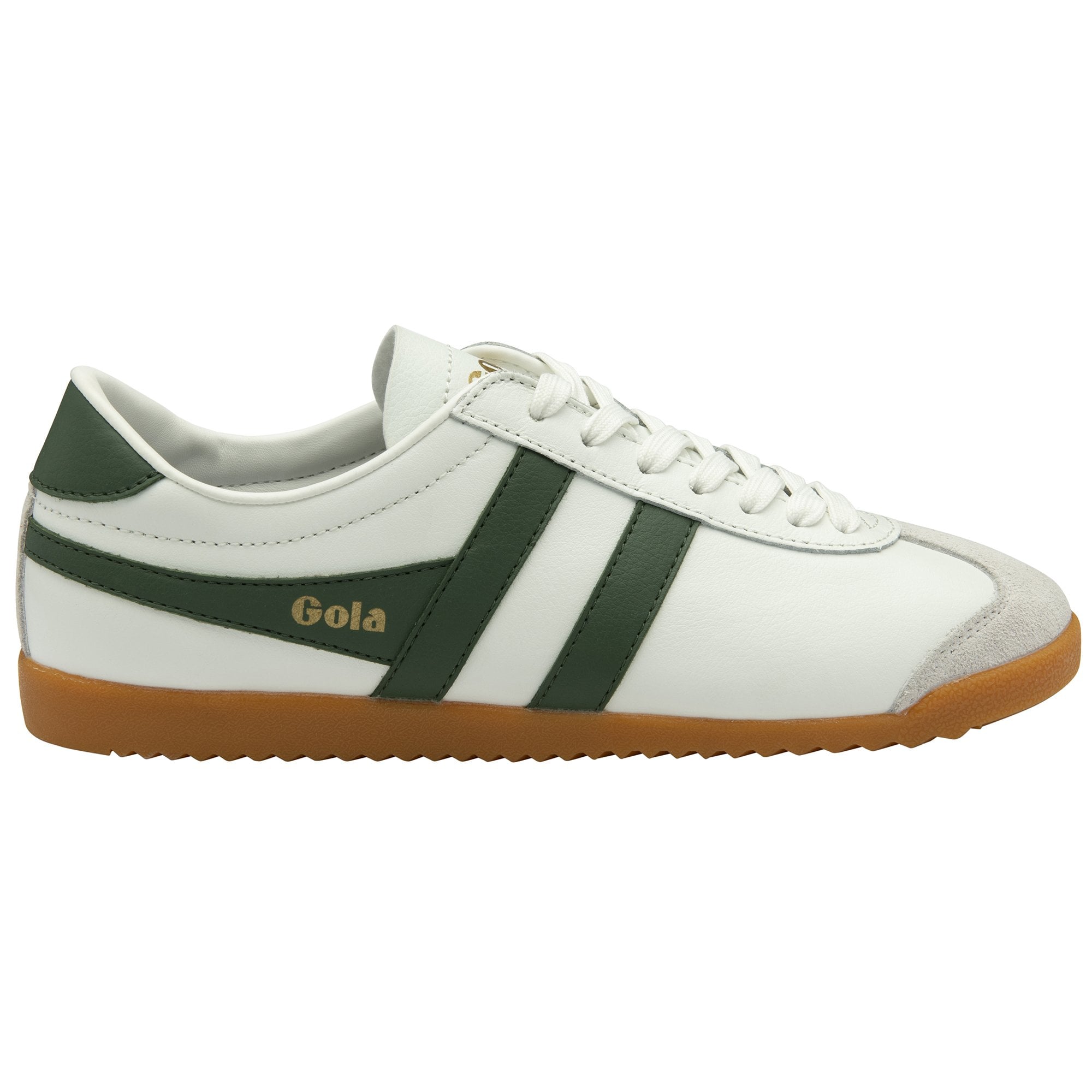 Side profile of a Gola men's Bullet trainer in off-white/green.