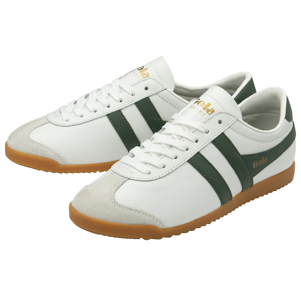 Pair of Gola men's Bullet trainers in off-white/green at an angle.