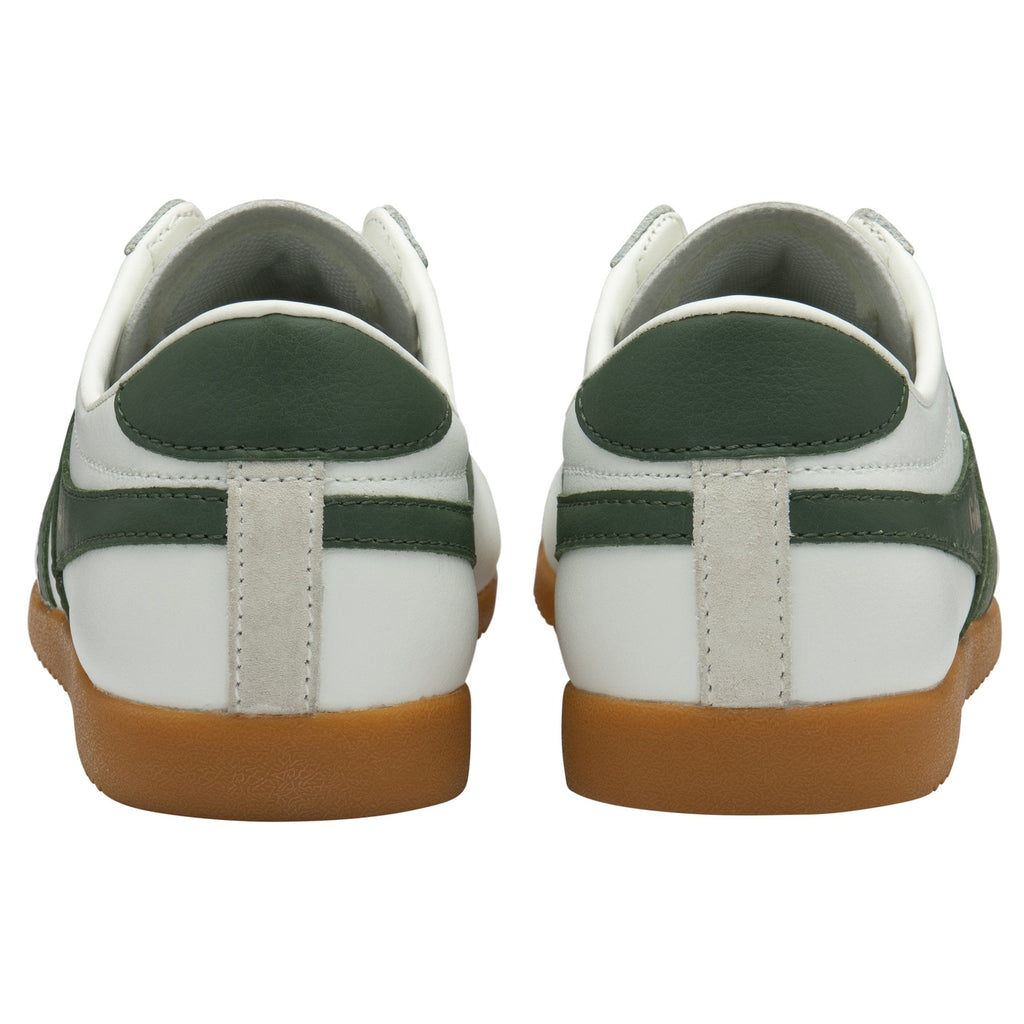 Rear view of a pair of Gola men's Bullet trainers in off-white/green.