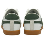 Rear view of a pair of Gola men's Bullet trainers in off-white/green.