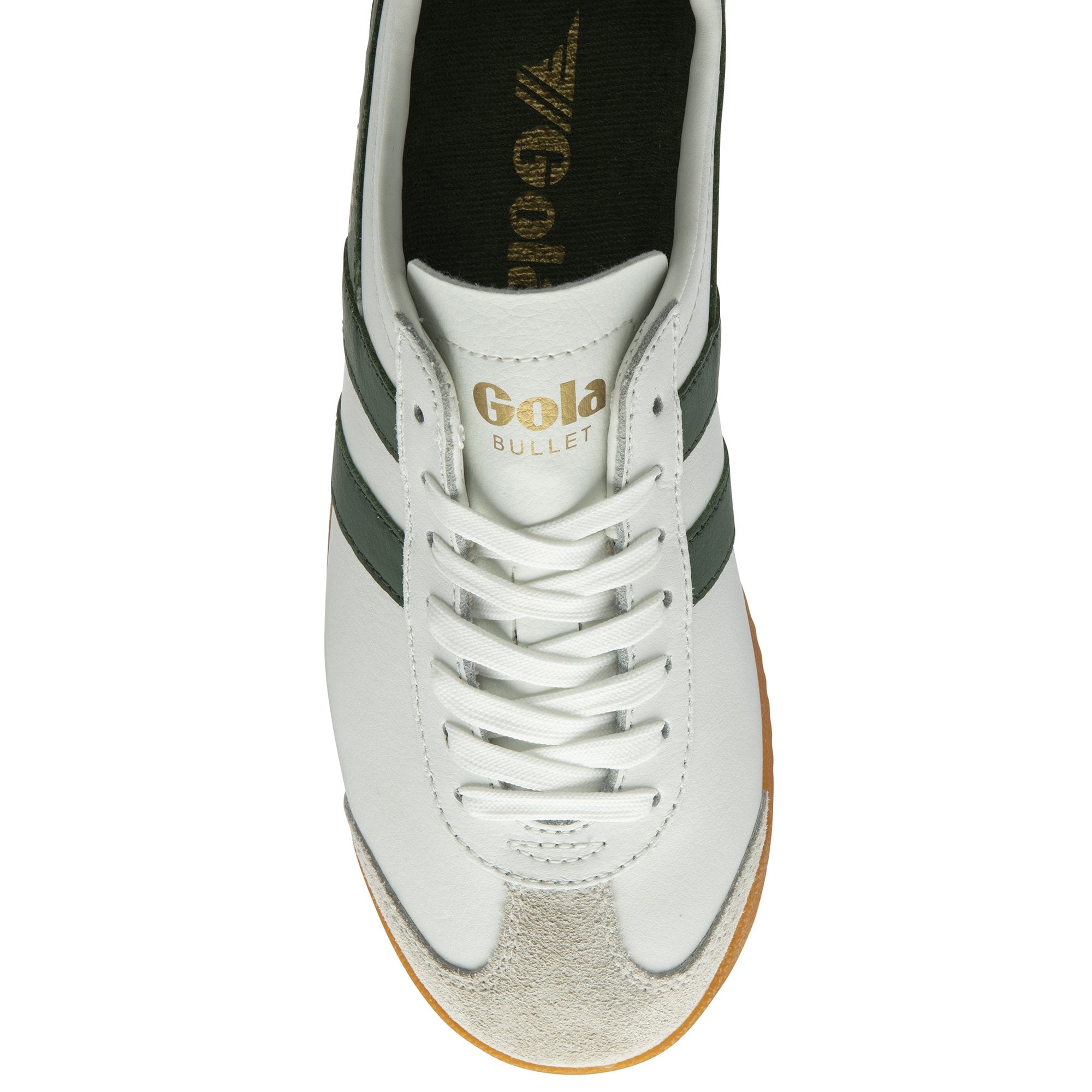 Top-down view of a Gola men's Bullet trainer in off-white/green.