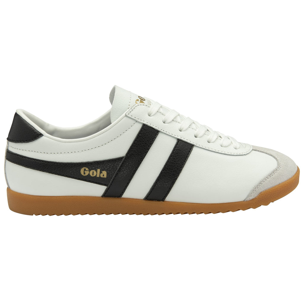A right white and black Gola Bullet sneaker from the side.