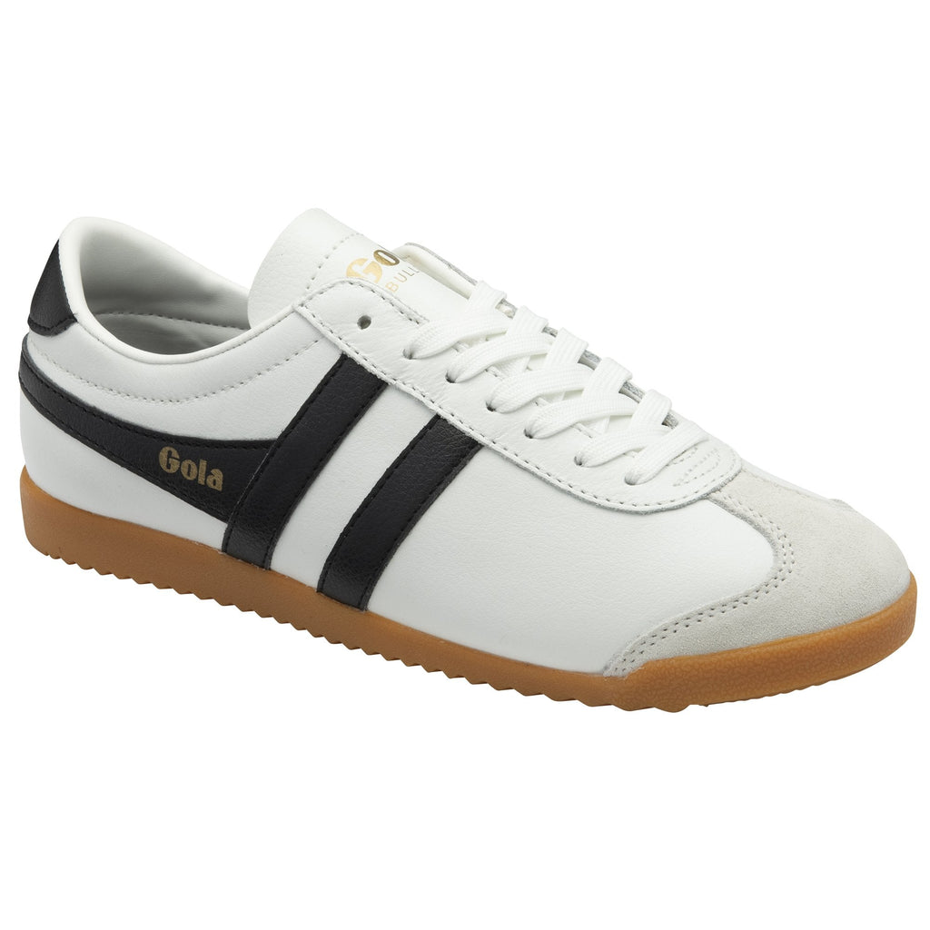 A right white and black Gola Bullet sneaker from the side.