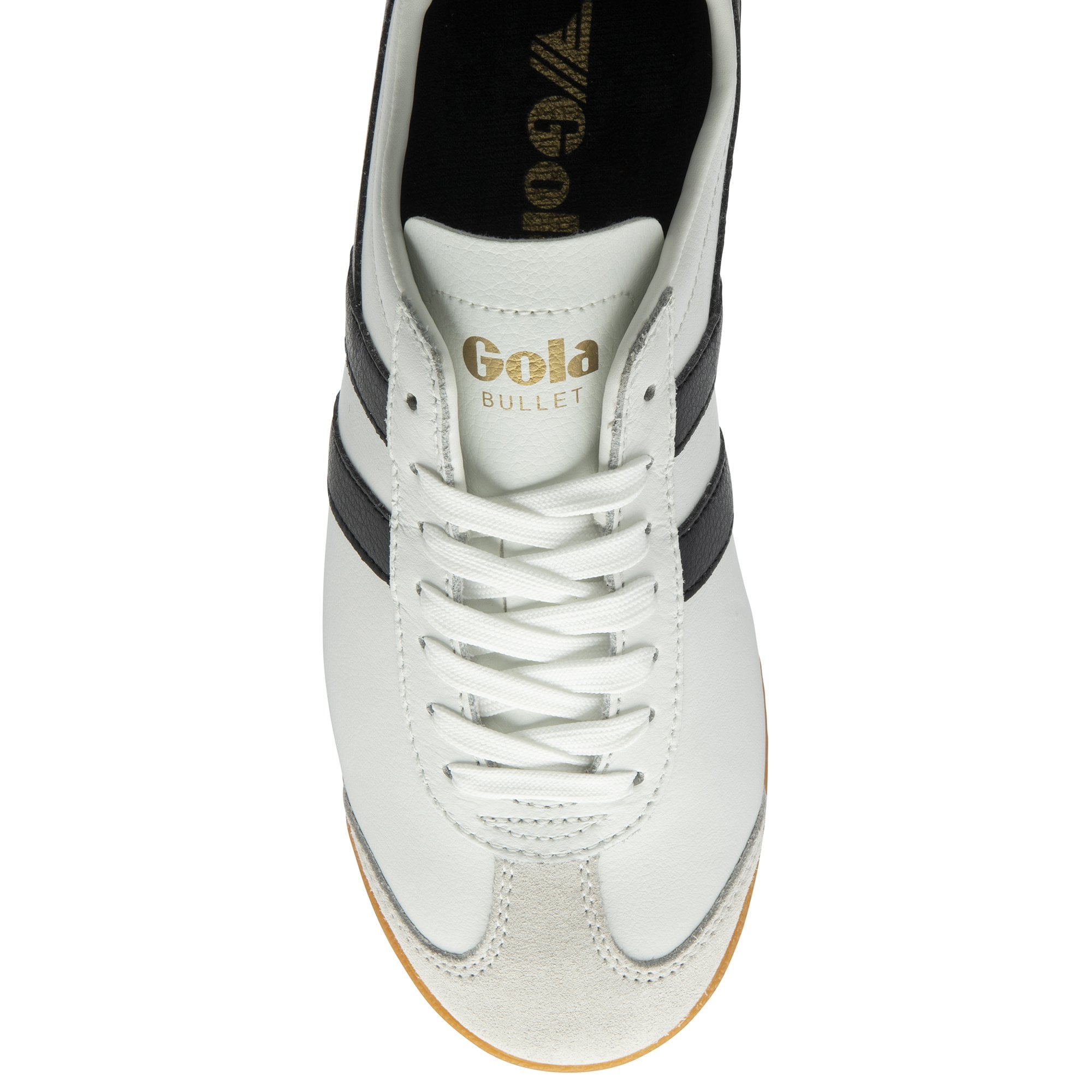 A top-down view of a white and black Gola Bullet sneaker.