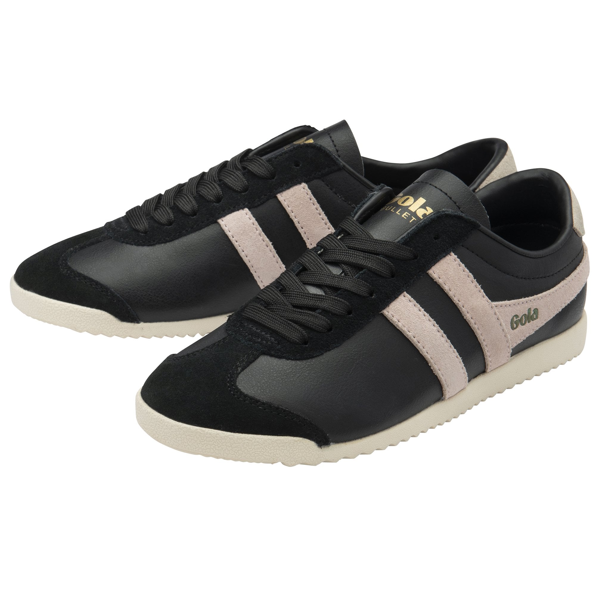 A pair of black Gola Bullet sneakers with beige stripes and gold lettering.