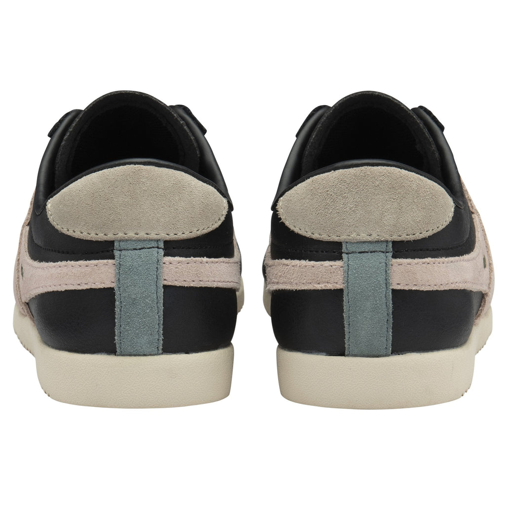 The back view of a pair of black Gola Bullet sneakers with beige and teal accents.