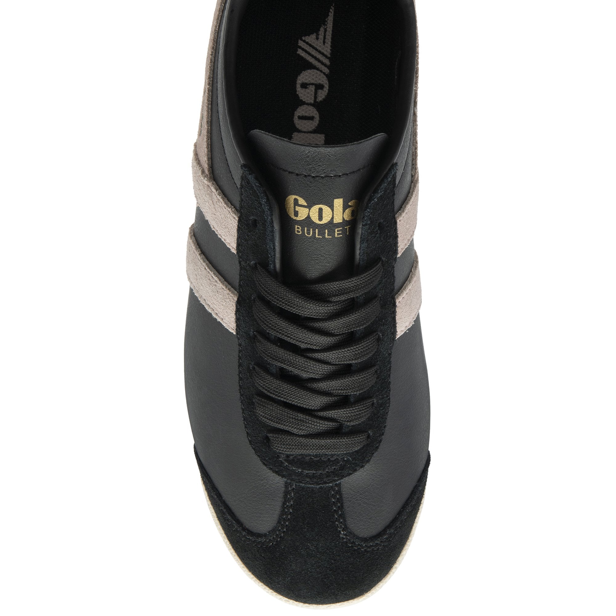 The top-down view of a black Gola Bullet sneaker with beige stripes and black laces.