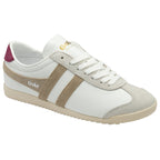 A single Gola Bullet trainer with white upper, beige stripes, and a burgundy heel tab.
