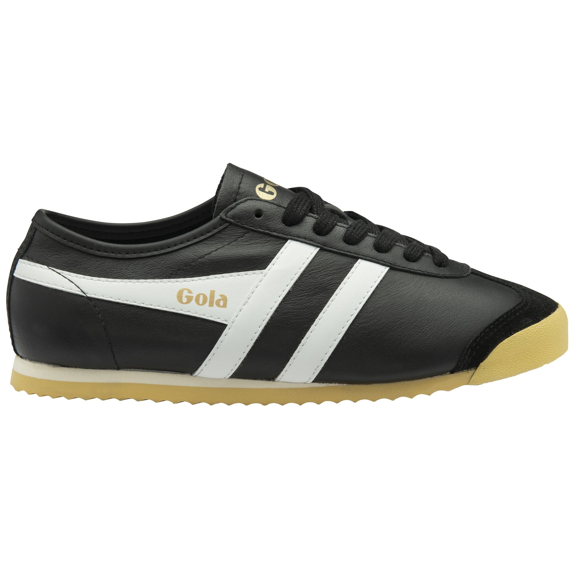 Side profile of a black and white Gola trainer with a gum sole, facing left.