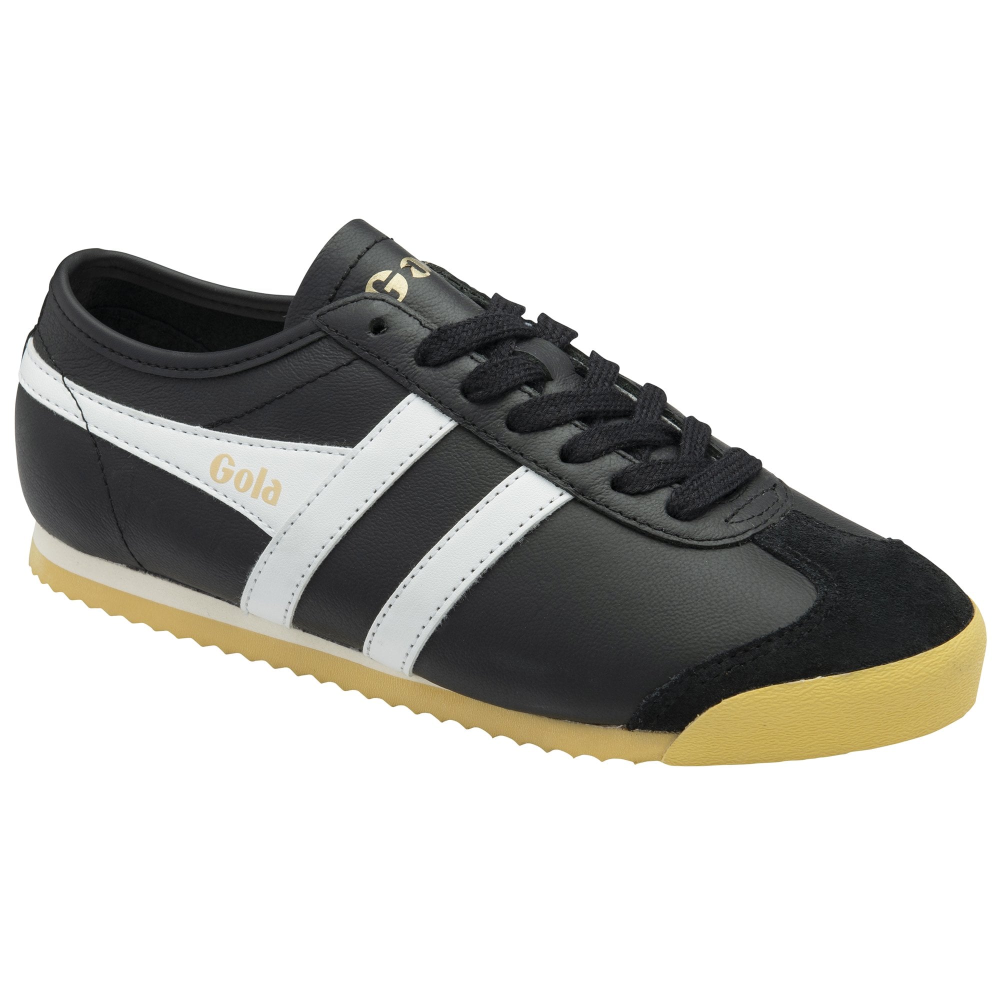 Side profile of a black and white Gola trainer with a gum sole, facing right.