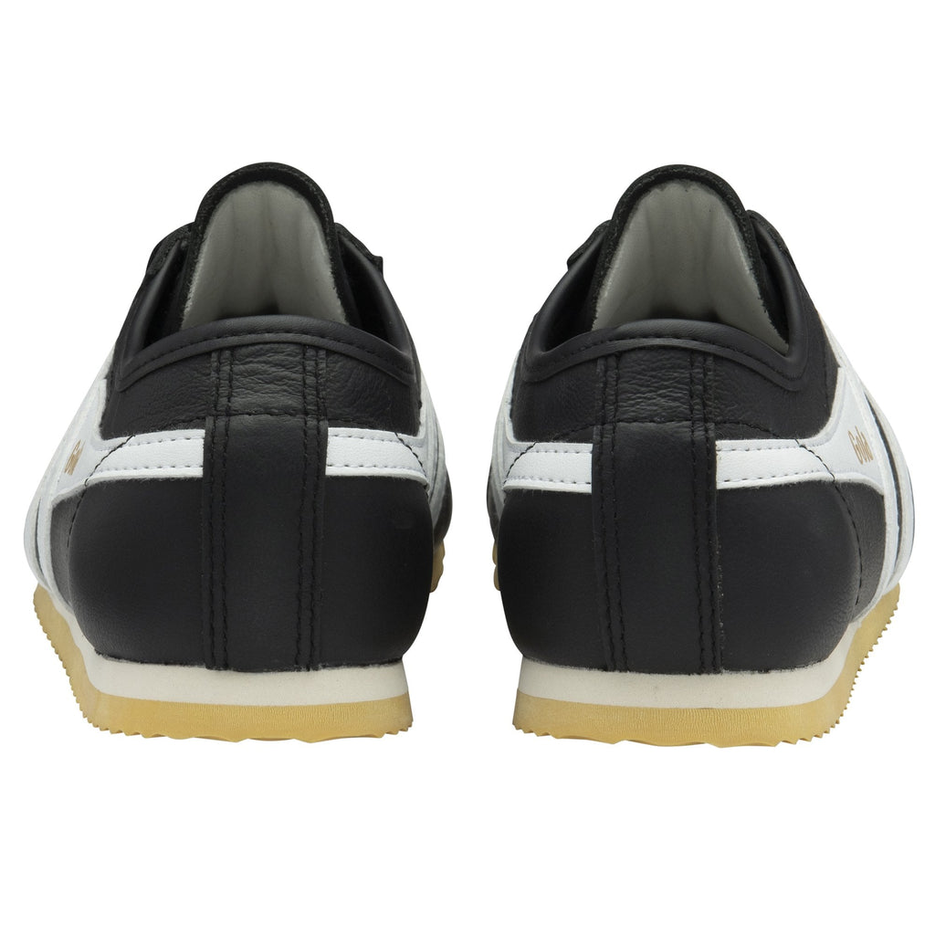 Back view of a pair of black and white Gola trainers, showcasing the heels.