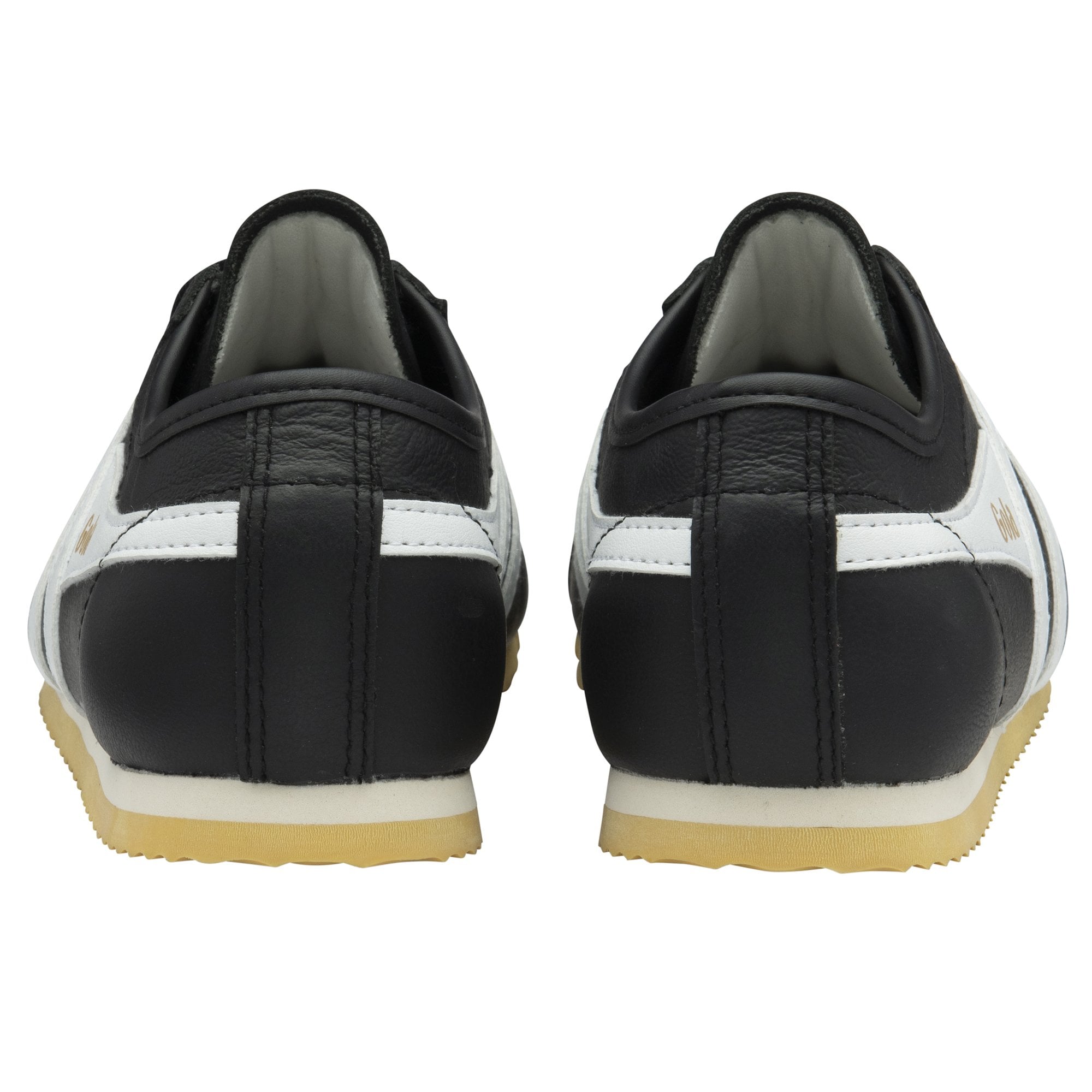 Back view of a pair of black and white Gola trainers, showcasing the heels.
