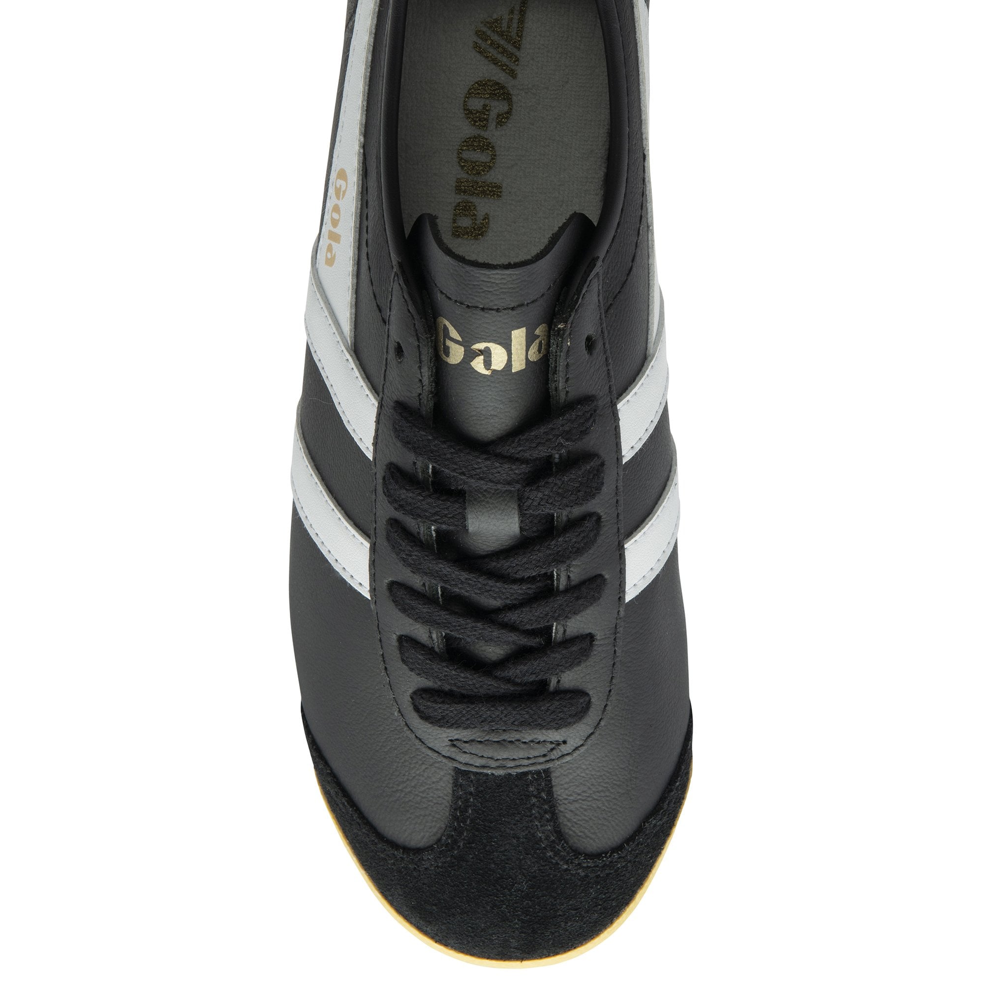 Top-down view of a black and white Gola trainer with black laces and gum toe.