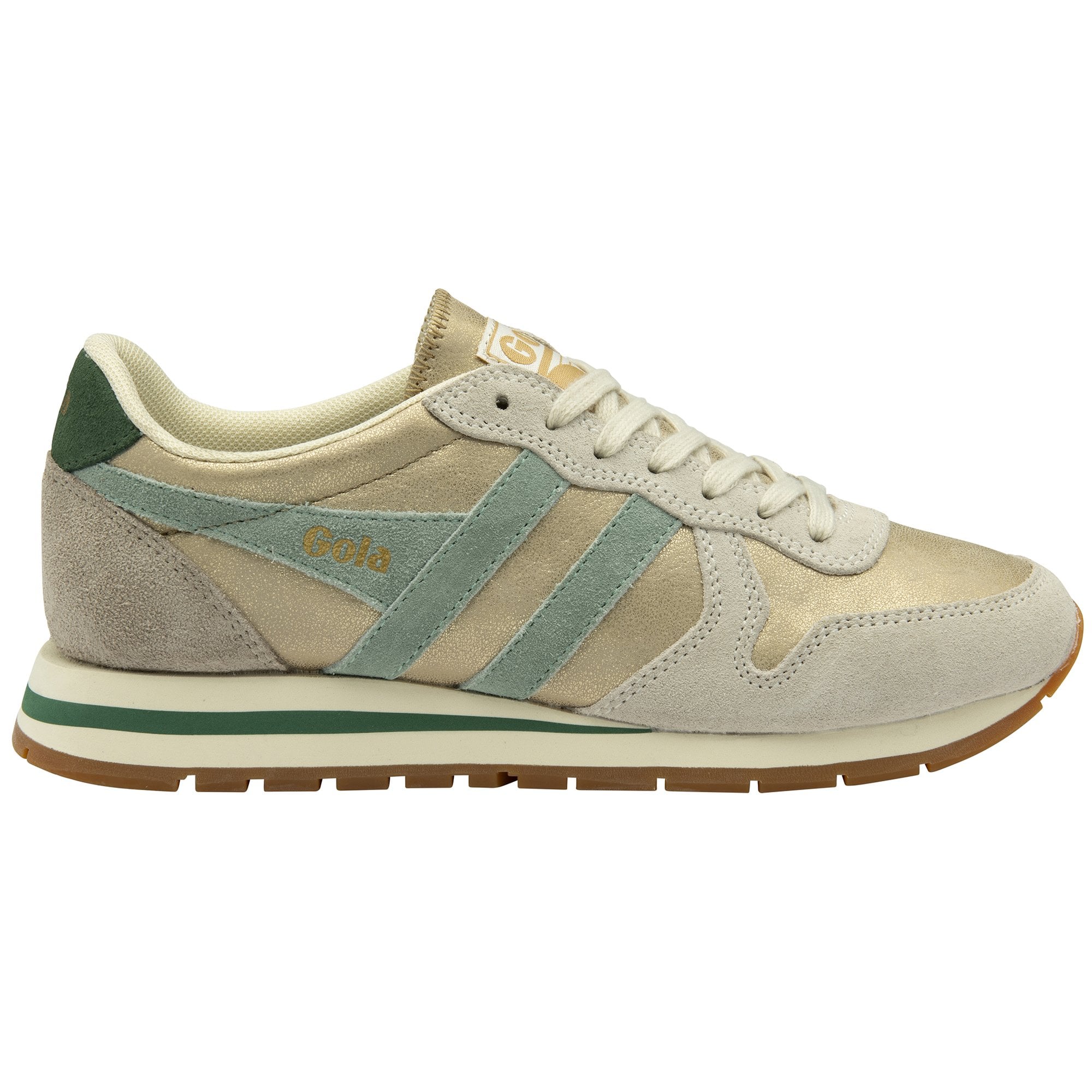Side profile of a Gola women's sneaker in metallic gold with green accents.