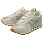 Pair of Gola women's sneakers in metallic gold with green accents, front view.
