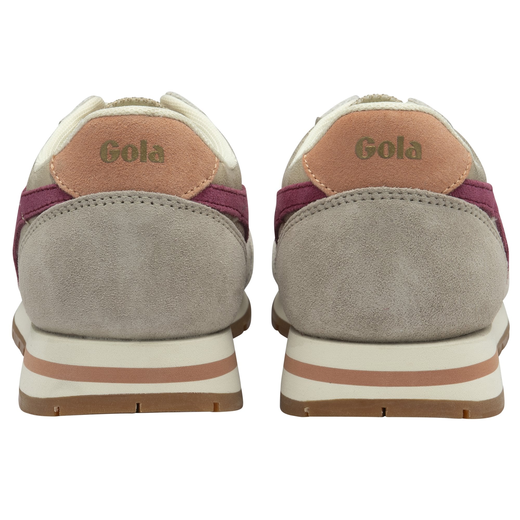 A pair of Gola women's trainers, in cream, tan and purple, shown from the back.