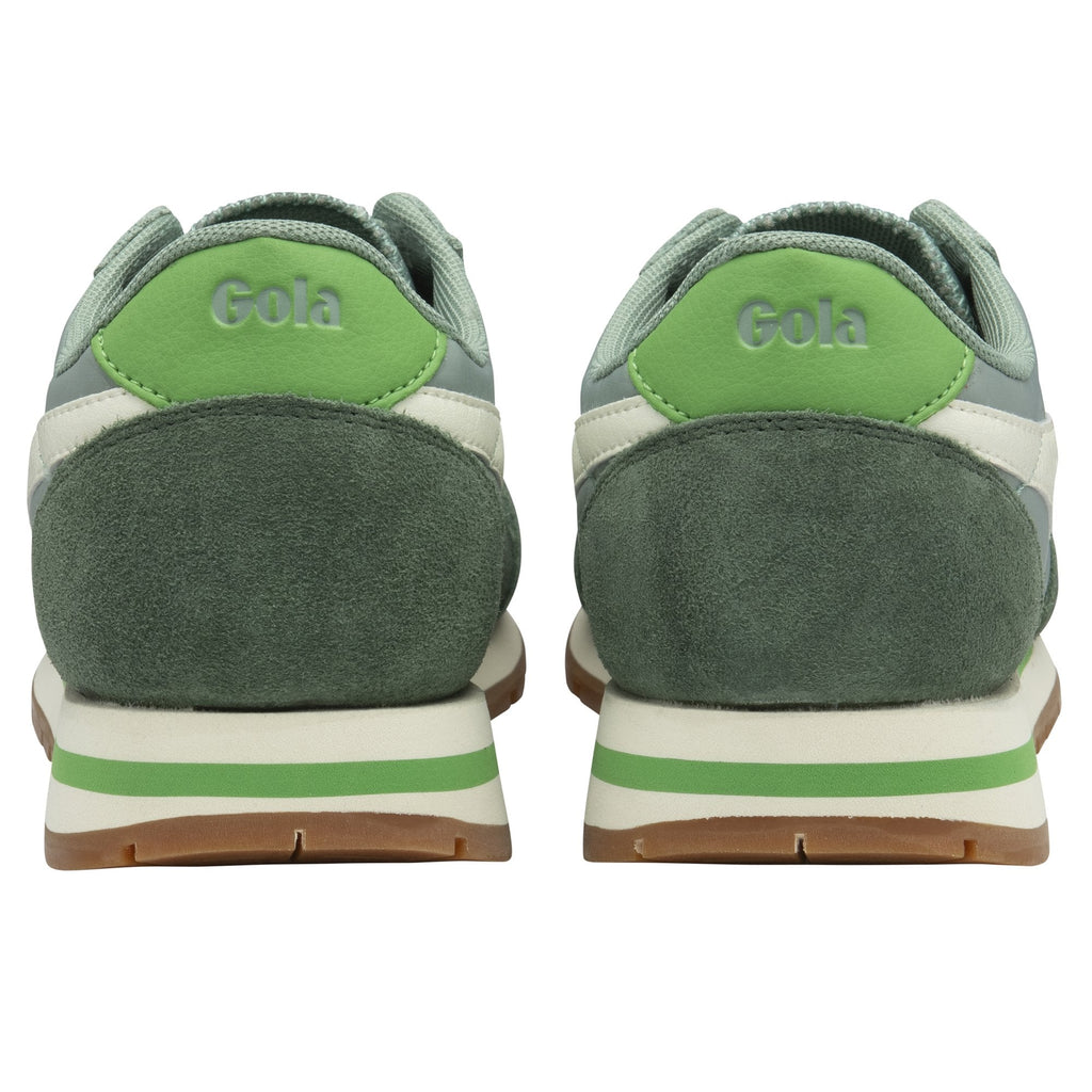 The heels of two green Gola sneakers are shown on a white background.