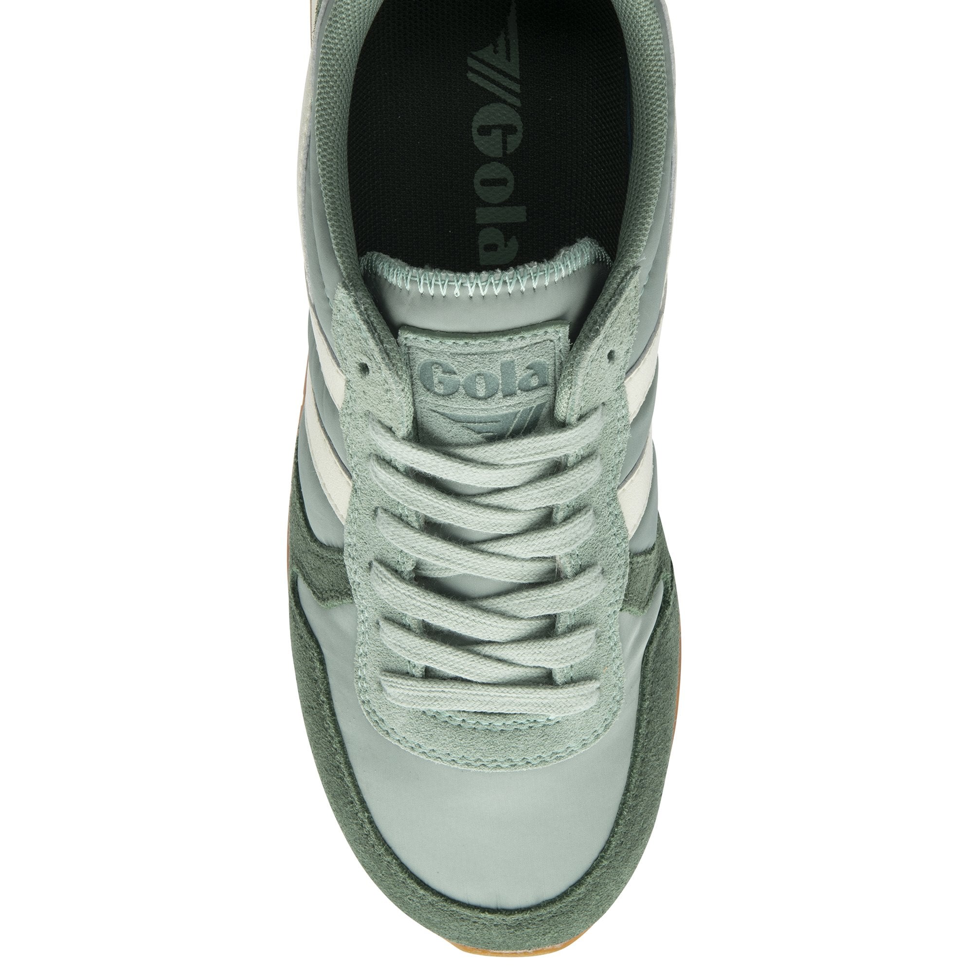 The top-down view of a green Gola sneaker is shown on a white background.
