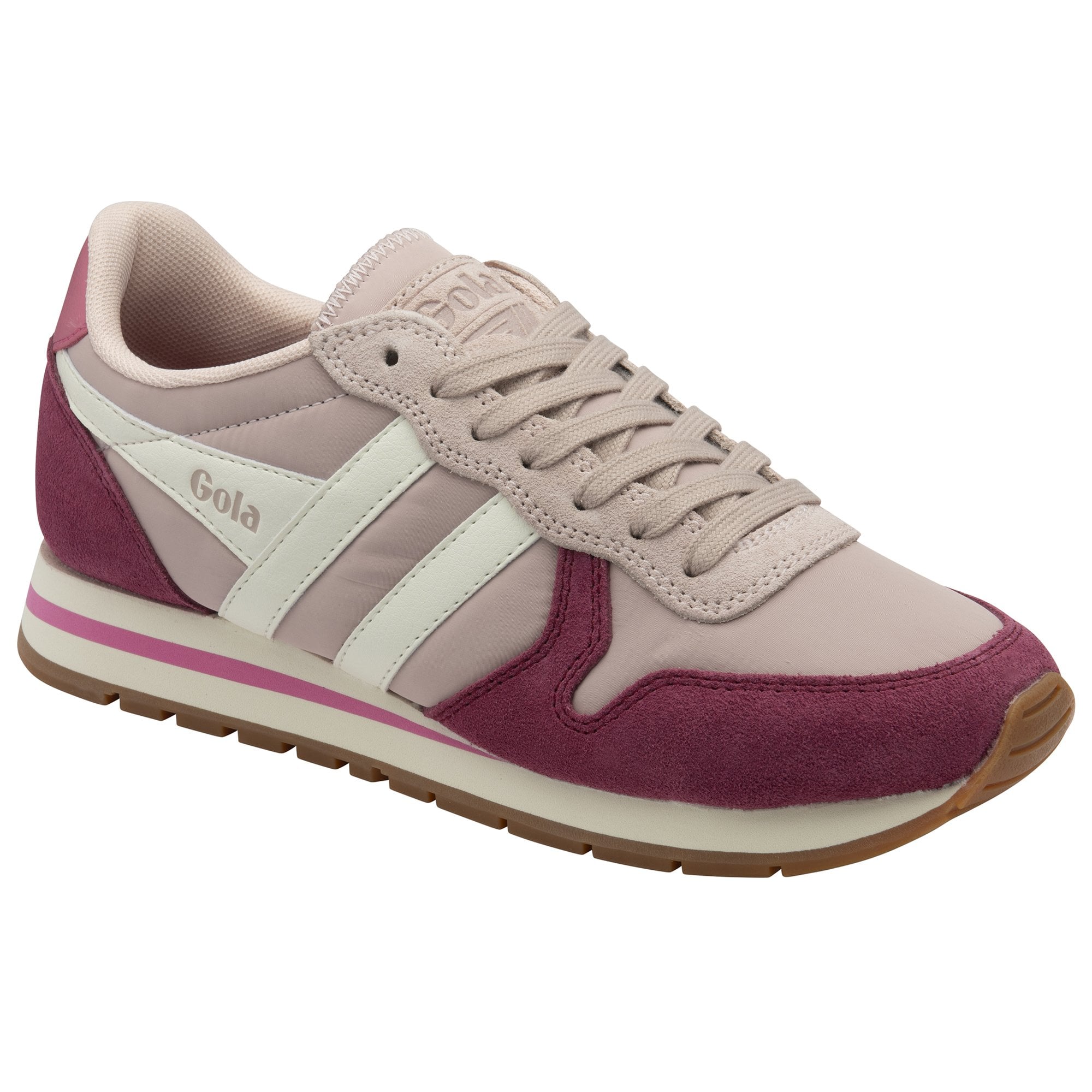 Side profile of a women's Gola trainer in shades of pink, burgundy, and off-white.