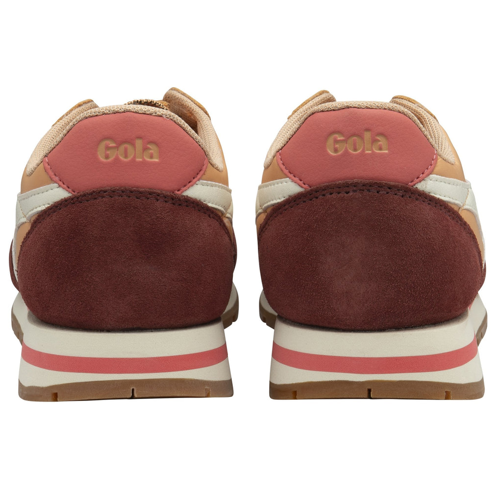 Back view of a pair of Gola women's trainers in sun/burgundy.