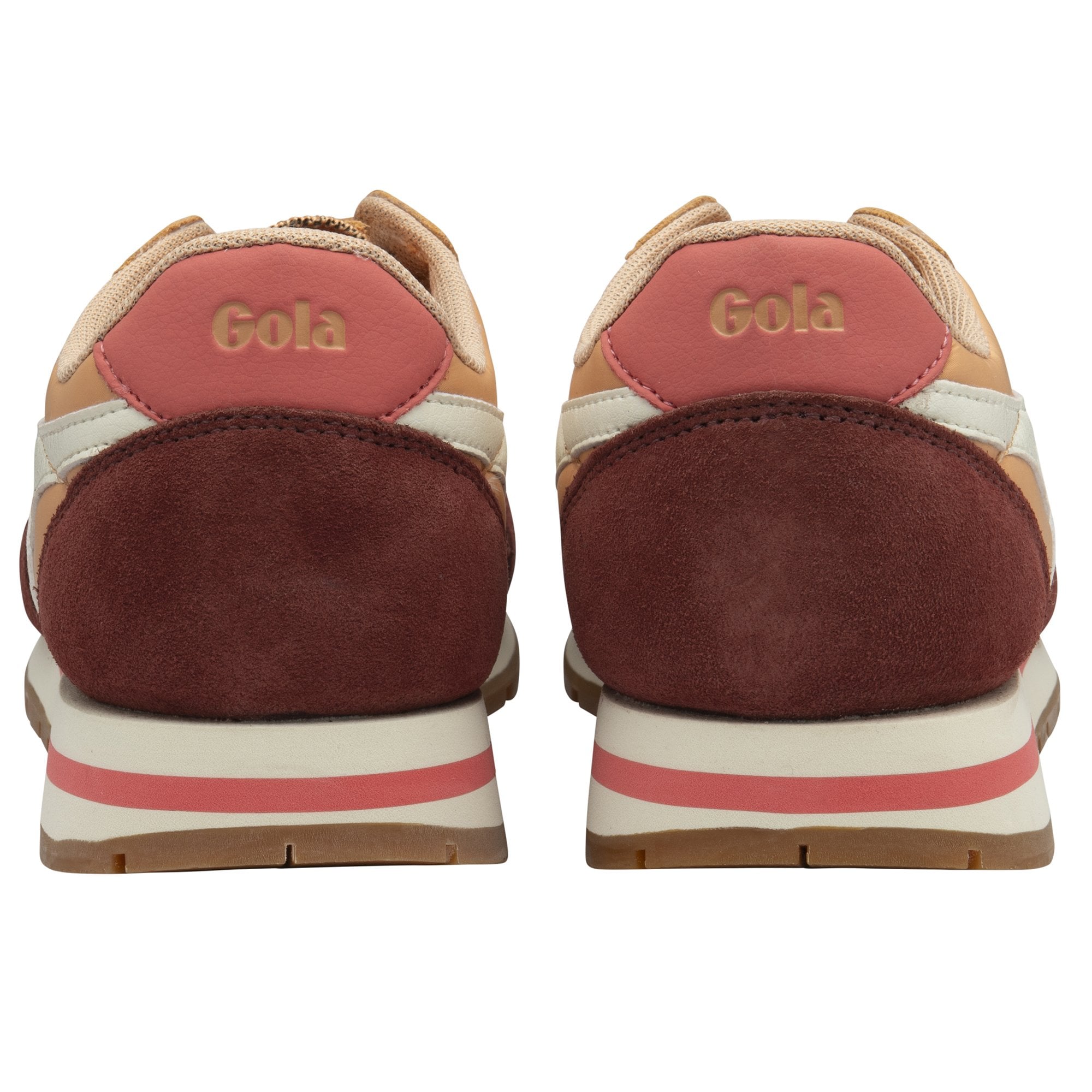 Back view of a pair of Gola women's trainers in sun/burgundy.