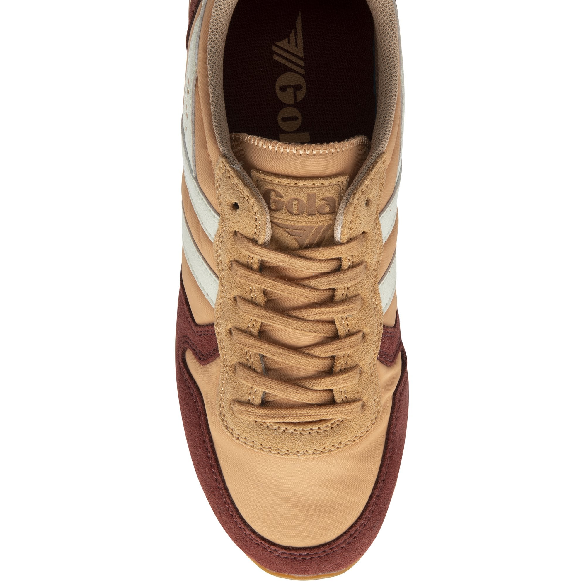 Top-down view of a single Gola women's trainer in sun/burgundy.