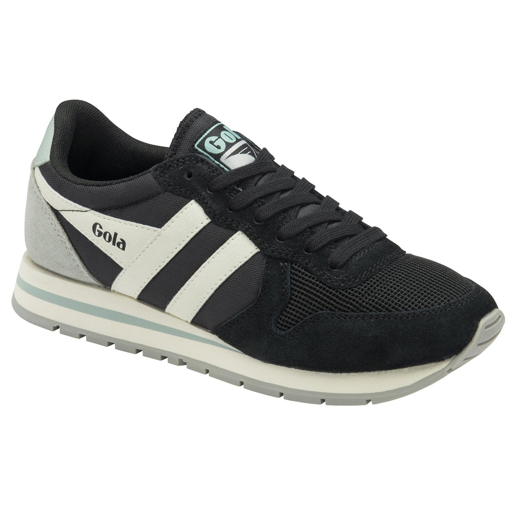 A black, white, and grey Gola sneaker with the logo clearly visible.