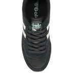 Top-down view of a black Gola sneaker with white stripes and a green logo.