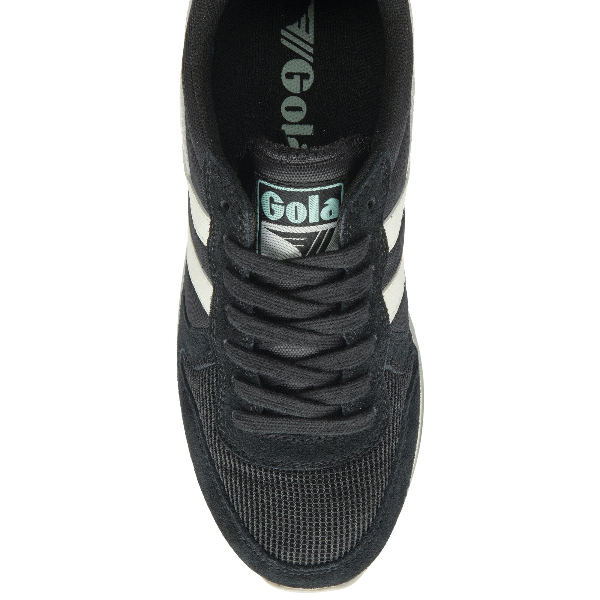 Top-down view of a black Gola sneaker with white stripes and a green logo.