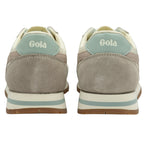 The heels of two cream, pink, and light blue Gola sneakers.