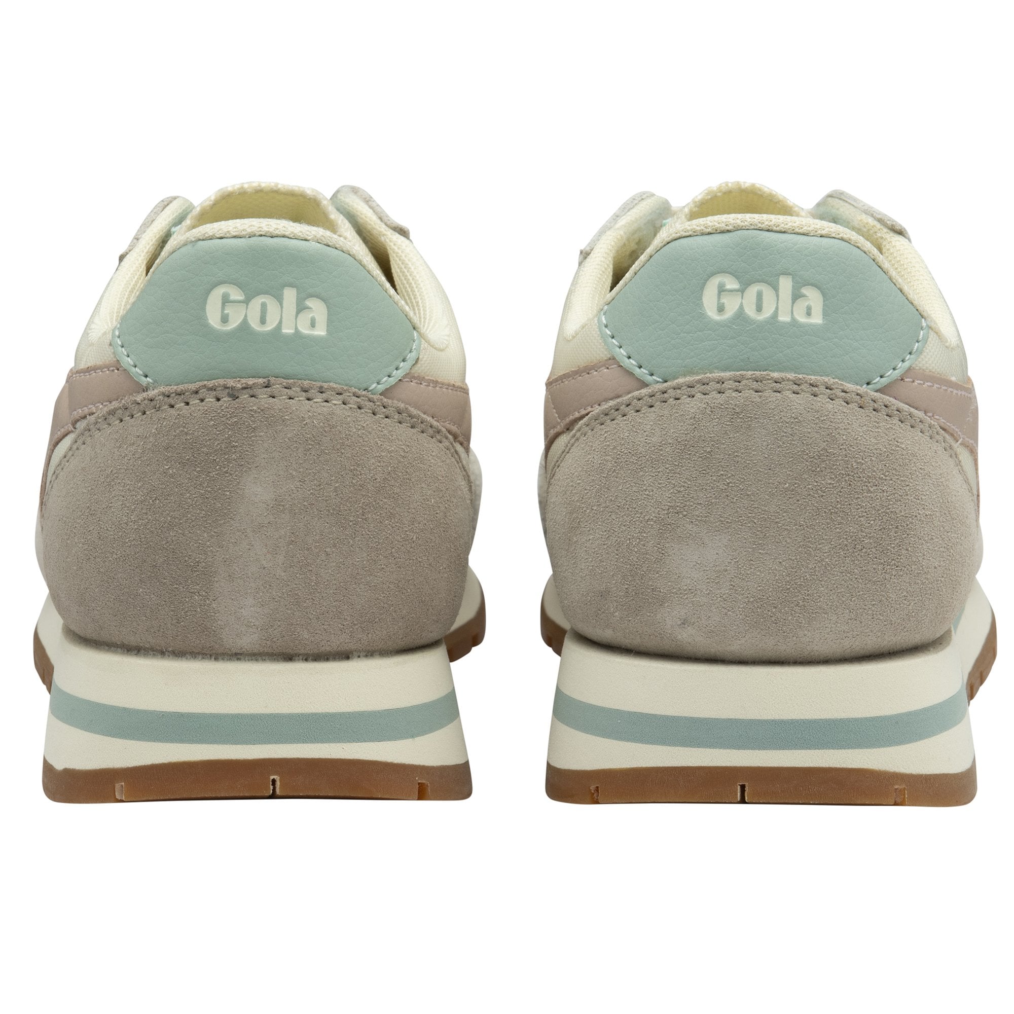 The heels of two cream, pink, and light blue Gola sneakers.