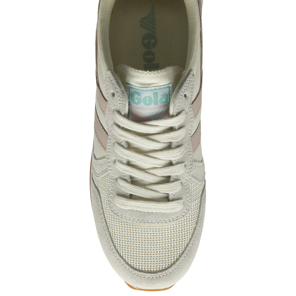 The top view of a single cream, pink, and light blue Gola sneaker.