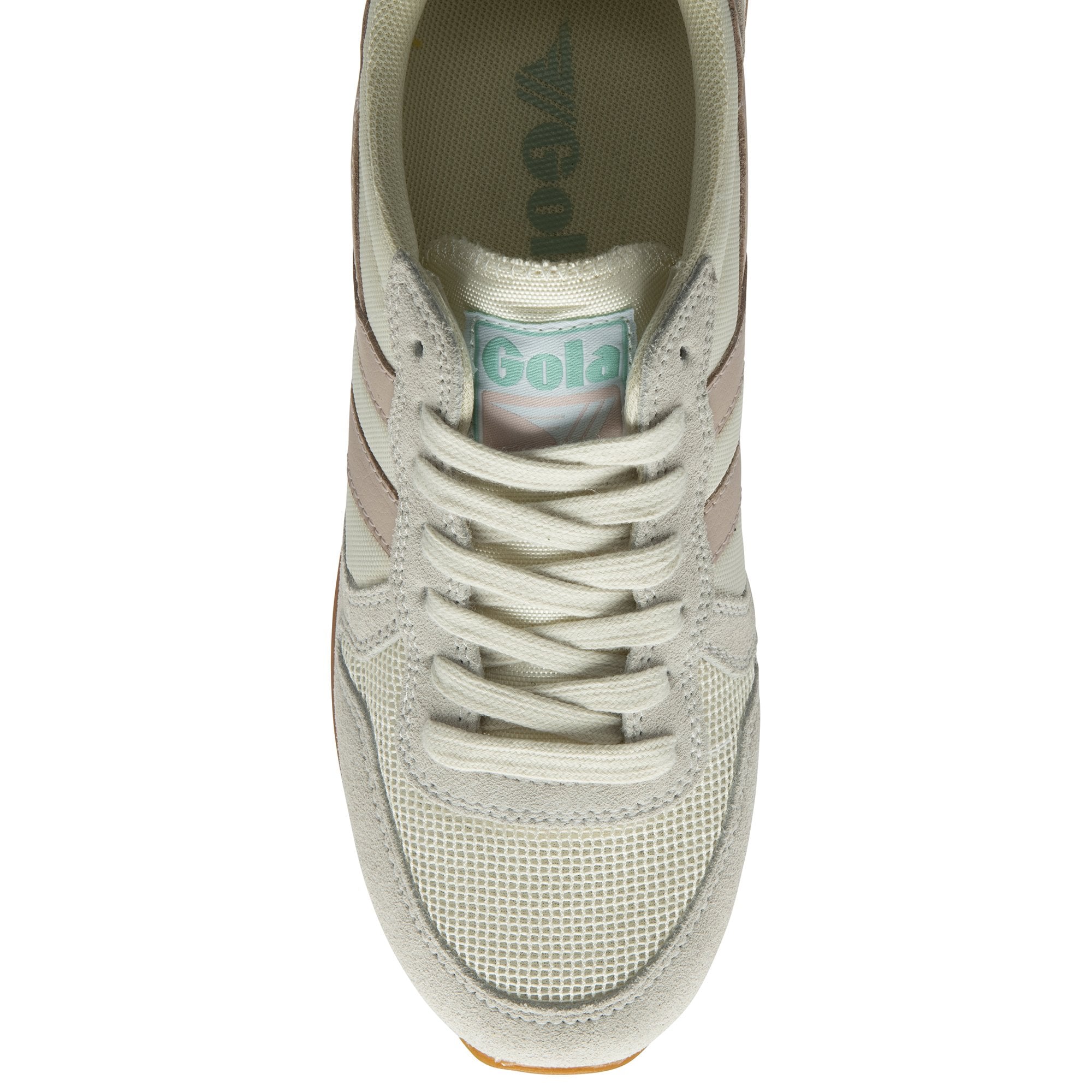 The top view of a single cream, pink, and light blue Gola sneaker.