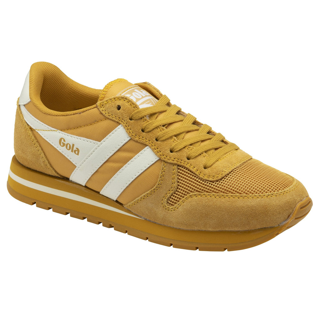 A single mustard yellow Gola trainer with white stripes on the side, viewed from a three-quarter angle.