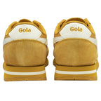 The back of a pair of mustard yellow Gola trainers with white accents and 'Gola' branding.