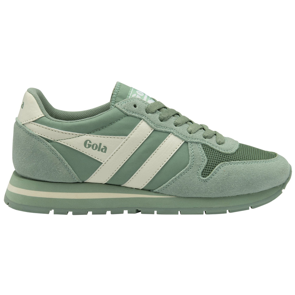 A close-up view of the right Gola men's Trainer in light green and off-white.