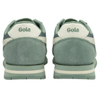 A rear view of a pair of Gola men's Trainers in light green and off-white.