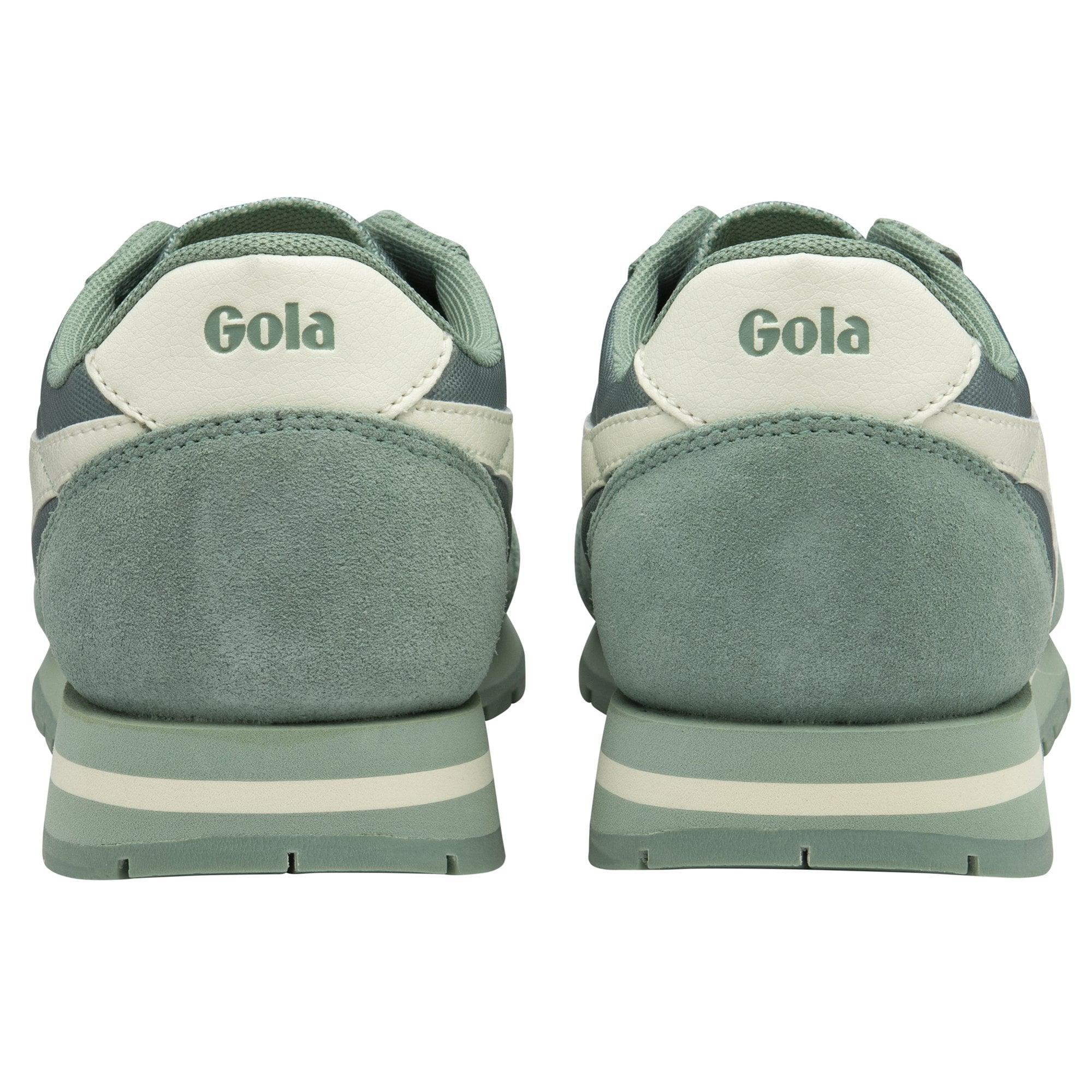 A rear view of a pair of Gola men's Trainers in light green and off-white.