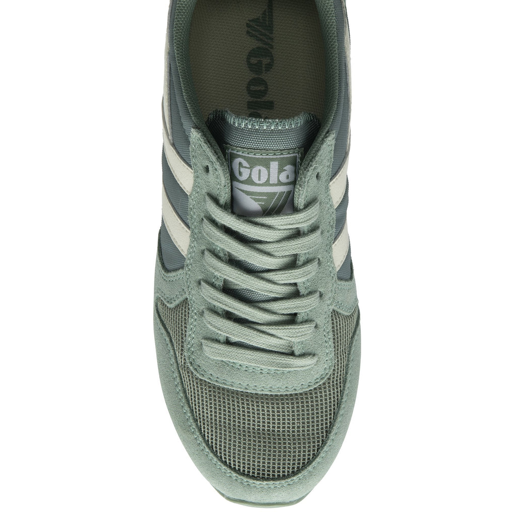 A top-down view of the right Gola men's Trainer in light green and off-white.