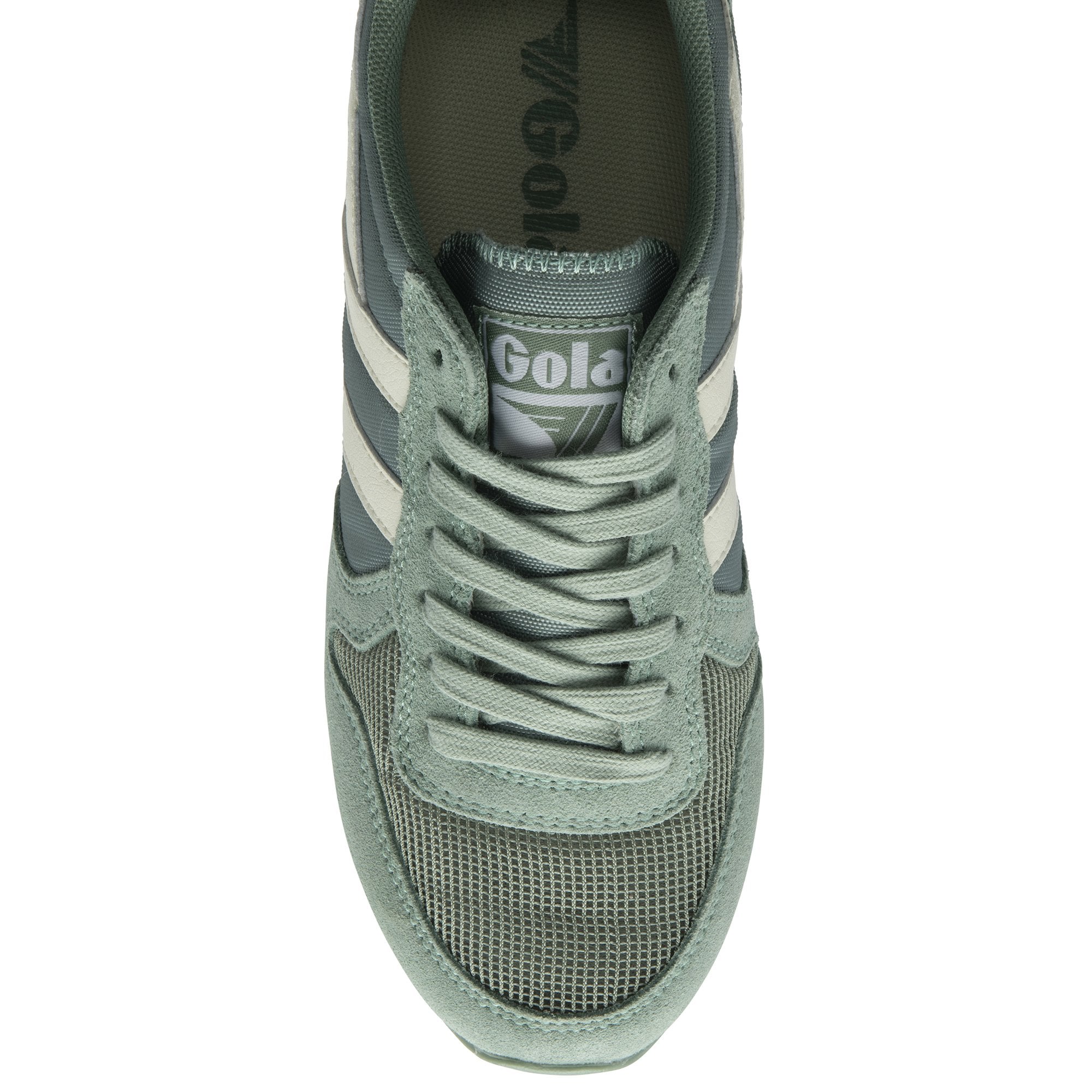 A top-down view of the right Gola men's Trainer in light green and off-white.