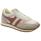 Angled view of a Gola Orchid sneaker with cream, pink, and grey details for fashion.