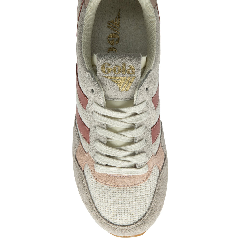 Top-down view of a Gola Orchid sneaker, showing its cream laces and tongue logo.