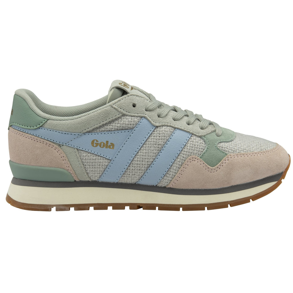 A side view of the Gola women's trainer, showcasing its pastel green, blue, and pink colors.